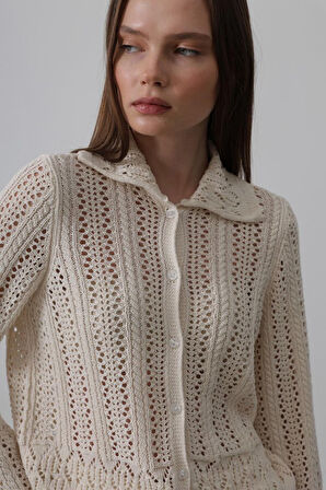 Gömlek Yaka Uzun Kol Triko - Ekru