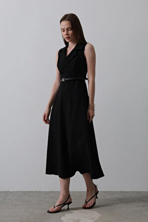 Sıfır Kollu Kemer Detaylı Elbise - Siyah