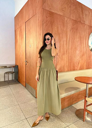Kolsuz Uzun Elbise - Haki