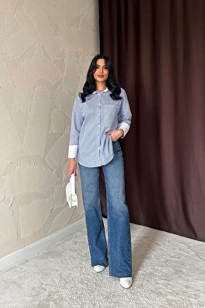 Mavi Çizgili Poplin Uzun Kol Gömlek