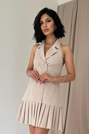 Bej Sırtı Açık Ceket Yakalı Elbise