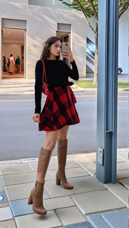 Kadın Uzun Kollu Bisiklet Yaka üst Viskon Alt Ekose Kısa Elbise