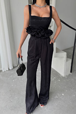 JAKARLI BLUZU TASARIM DETAYLI CEKET-PANTOLON-BLUZ 3 LÜ TAKIM - Siyah