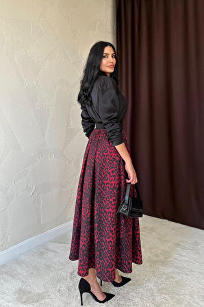 Bordo Leopar Büzgülü Uzun Etek