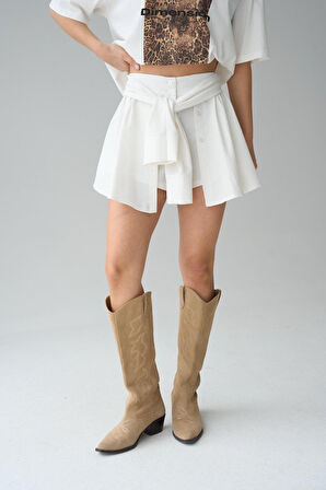 Gömlek Bağlamalı Şort - Krem