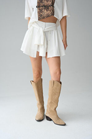 Gömlek Bağlamalı Şort - Krem