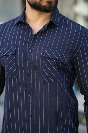 Erkek Pamuklu Çizgi Desenli Cep Detaylı Gömlek