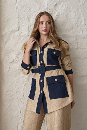 Sarı Garnili Cepli Gömlek Ve Pantolon Takım