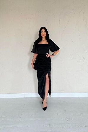 Siyah Büzgülü Saten Elbise