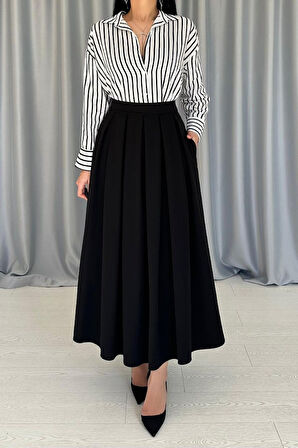 Siyah Uzun Pileli Etek