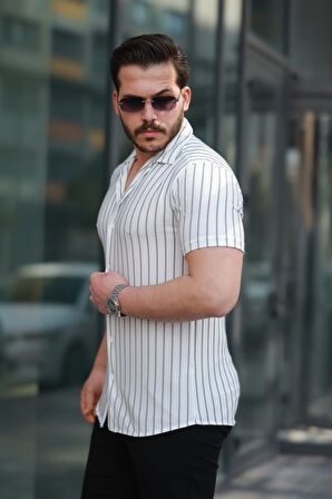 Erkek Kısa Kollu Gri çizgi Desenli örme Kumaş Pamuklu Gömlek