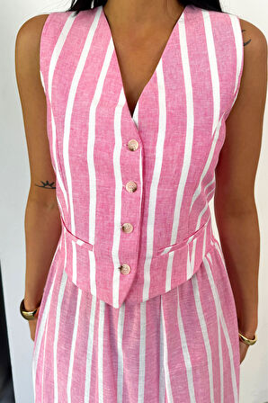 KETEN ÇİZGİLİ YELEK - UZUN ETEK TAKIM - Pembe