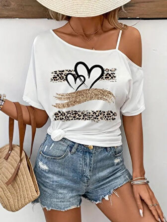 Kadın Tek Omuzu Açık Ip Askılı Baskılı Viskon Bluz