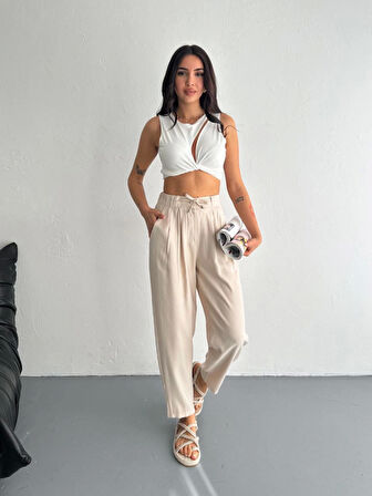 Yüksel Bel Rahat Paça Pantalon - Kırık Beyaz