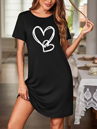 Kadın Kısa Kollu Bisiklet Yaka Kalp Desenli Viskon Elbise
