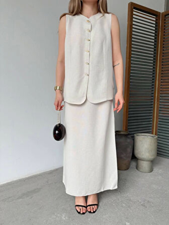 Keten Kolsuz Hırka Etek Ikili Takım- Beyaz