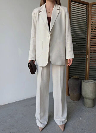 Keten Ceket Pantolon Ikili Takım - Beyaz
