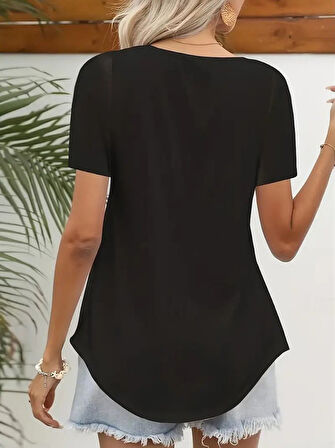 Kadın Kısa Kollu Kare Lazer Yakalı Janjan Krep Bluz