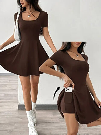 Kadın Kısa Kollu Kare Yaka Short Detaylı Cepli Dalgıç Elbise