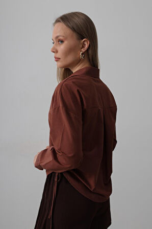 Yanları Bağlamalı Basic Gömlek - Koyu Kahve