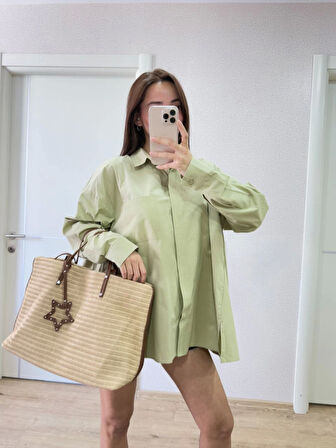 Yakalı Yandan Yırtmaçlı Gömlek - Yeşil