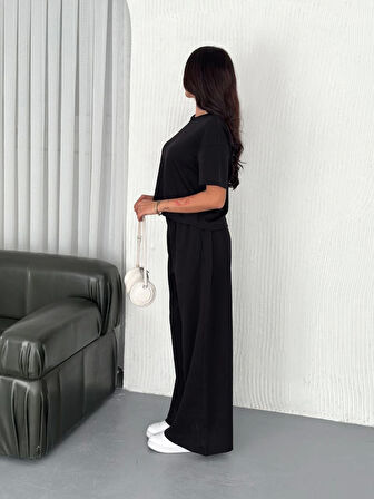 Osy Modal Yumuşak Dokulu Kumaş Bisiklet Yaka T-shirt Bol Paça Pantalon Ikili Takım -Siyah