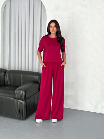 Osy Modal Yumuşak Dokulu Kumaş Bisiklet Yaka T-shirt Bol Paça Pantalon Ikili Takım -Bordo