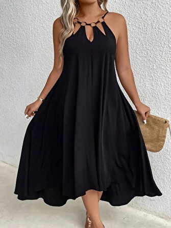 Kadın Boyundan Askılı Damla Detaylı Halkalı Asimetrik Kesim Viskon Elbise