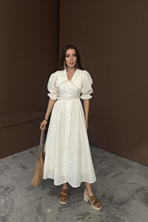 Bej Bebe Yaka Balon Kollu Brode Elbise