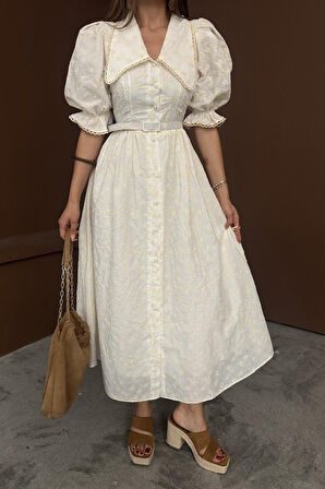 Bej Bebe Yaka Balon Kollu Brode Elbise