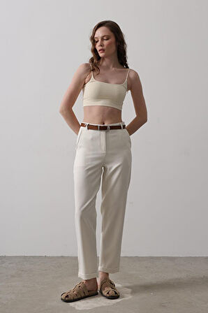 Kemerli Havuç Pantolon - Ekru