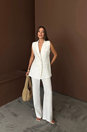 YAKA MİDYE KABUĞU SIRALI YELEK - PANTOLONTAKIM KETEN KUMAŞ - Beyaz