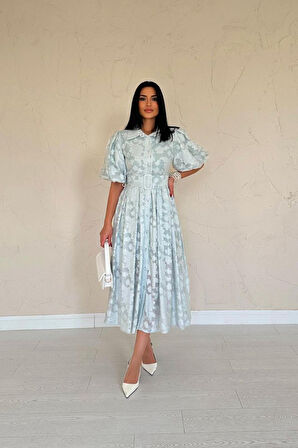 Mint Kemerli Balon Kollu Elbise