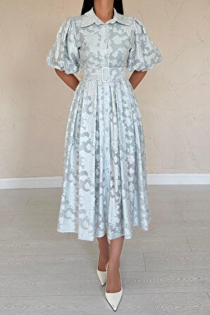 Mint Kemerli Balon Kollu Elbise