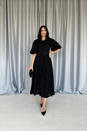 Siyah Kemerli Balon Kollu Elbise