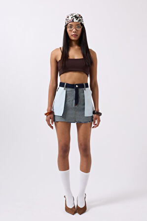 Ters Detay Denim Mini Etek