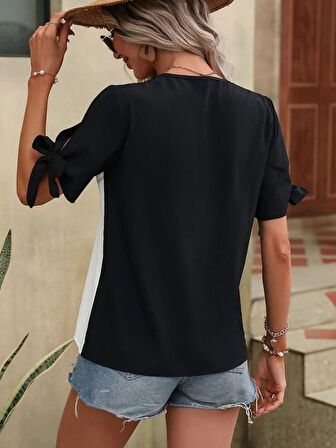 Kadın Kısa Kollu Kollardan Bağlamalı önden Asimetrik Kesim çift Renk Detaylı Düğmeli Ithal Krep Bluz