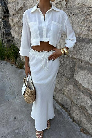 Crop Gömlekli Ve Eteği Büzgülü Tasarım Takım 10201