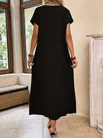 Kadın Uzun Kollu Yakası Açık Viskon Elbise