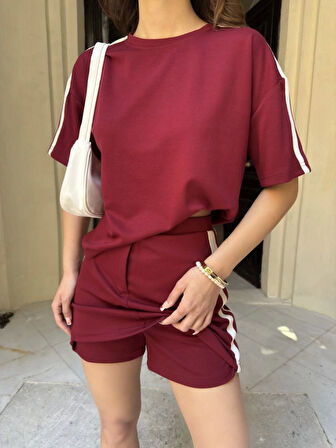 Osy Modal Yumuşak Dokulu Kumaş Parçalı Bisiklet Yaka T-shirt Mini Şortlu Etek İkili Takım -Bordo