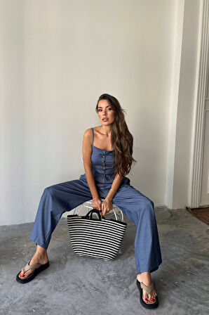 TENCEL CROP ASKILI BLUZ - ŞALVAR PANTOLON TK - İndigo