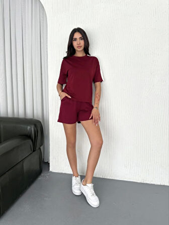 Osy Modal Yumuşak Dokulu Kumaş Parçalı Bisiklet Yaka T-shirt Kısa Şort İkili Takım -  Bordo