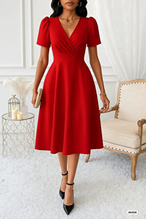 Kadın Kruvaze Yaka Kısa Kollu Midi Boy Krep Kumaş Elbise