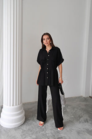 KETEN BELDEN BÜZGÜ DETAYLI GÖMLEK - PANTOLON TAKIM - Siyah