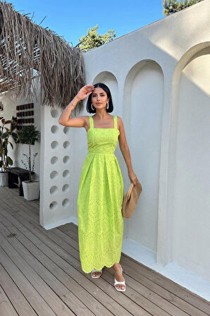 Yağ Yeşili Askılı Aparatlı Brode Elbise