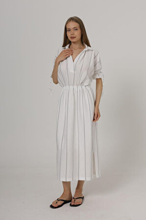 Beli Lastikli Elbise - Beyaz