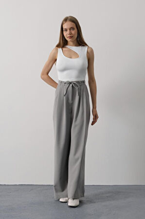 Pileli Bağcıklı Oversize Pantolon - Gri