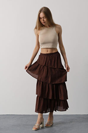 Katlı Kesim Uzun Etek - Kahve