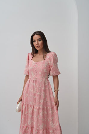 Pembe Süs Düğmeli Balon Kollu Elbise