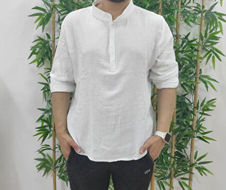 Erkek Uzun Kollu Hakim Yaka Düğmeli Erkek Müslim Gömlek